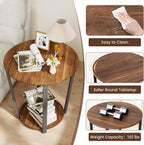KROFEM Round 2-Tier Accent Side Table, Industrial Metal Frame End Table with Storage Shelf, Multifunctional Nightstand for Living Room, Bedroom and Small Spaces, Walnut