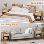 XIAO WEI Natural Rattan Nightstand Set of 2, Boho Night Stand with Drawer and Open Shelf, Bedside Table Accent Cane End Table Side Table for Bedroom Living Room, Metal Legs/Small/Light Brown