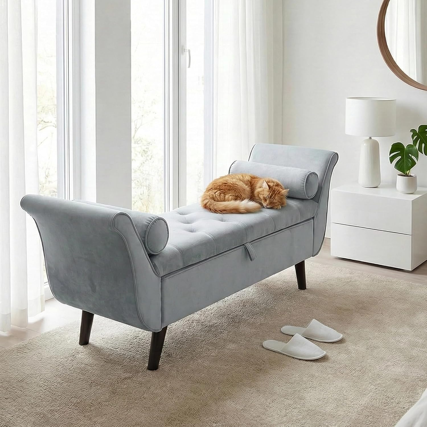 Velvet Bench for Bedroom End of Bed, 60.5 inch Upholstered Button Tufted Ottoman Bench with Rolled Arms, Button-Tufted Ottoman for Living Room, Entryway (Light Grey)