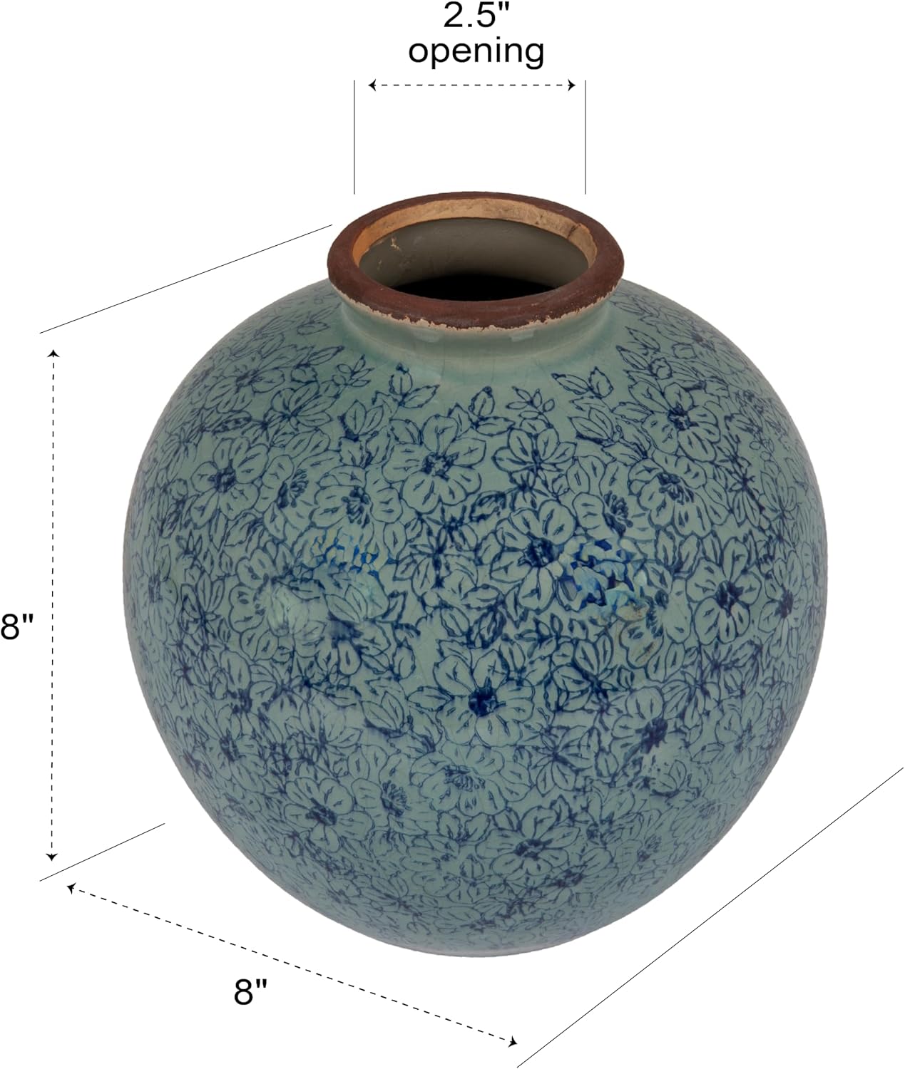 Creative Co-Op Round Decorative Terra-Cotta Vase with Transferware Pattern, Blue