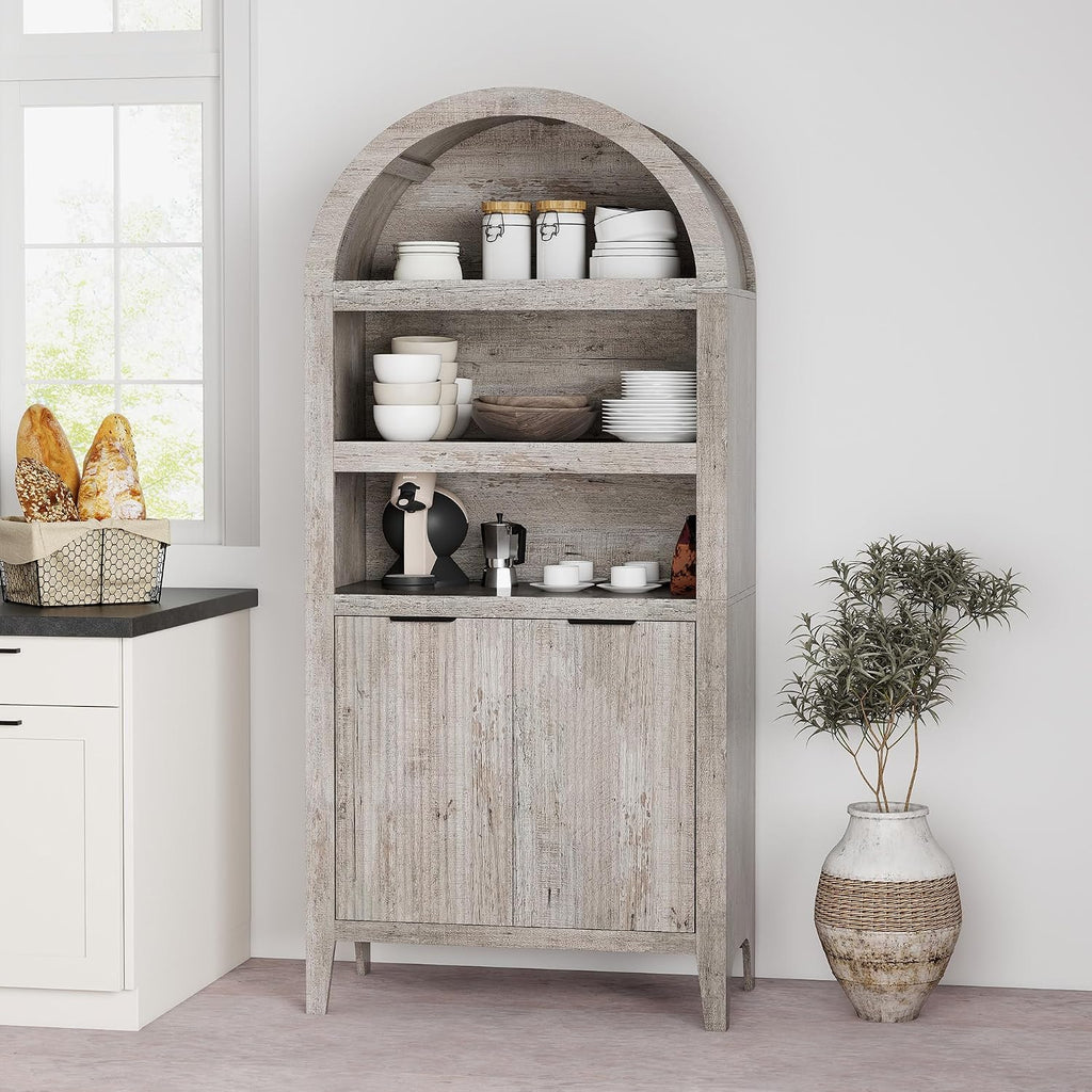 blini 70" Tall Arched Cabinet, Wooden Kitchen Pantry Arched Cabinet with Fluted Doors Versatile Kitchen Hutch Storage Organizer for Dining Room