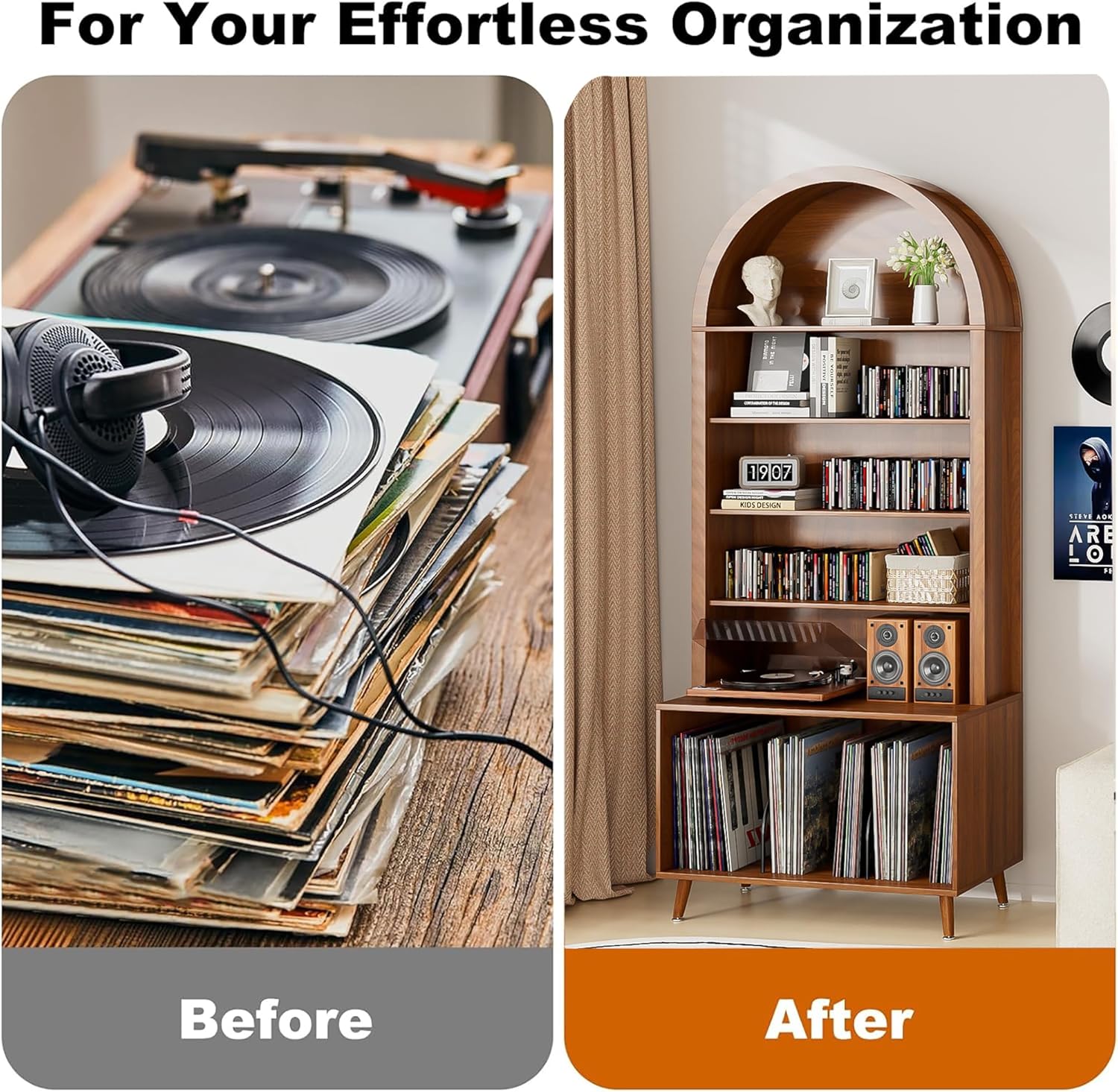 Large Record Player Stand with Vinyl Storage,6-Tier Arched Record Player Table Holds Up 350+ Albums, Turntable Stand with CD/DVD Rack,Vinyl Record Storage for Living Room (Walnut, 31.49''W)