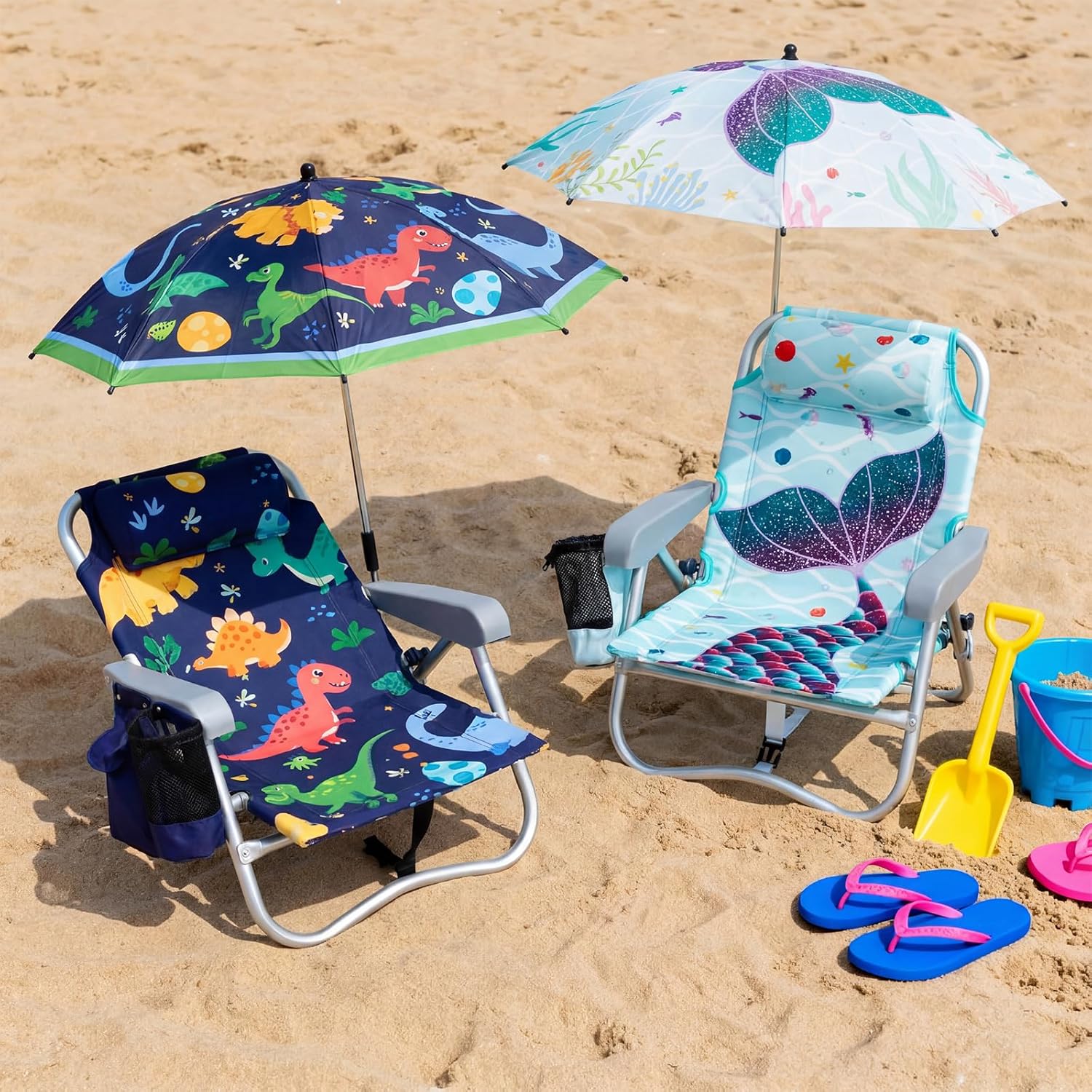 Yalikop Kids Beach Chair with 4 Positions Seaside Beach Chair with Umbrella Kids Folding Camping Seating for Boy Girls Children Sand Camping Travel Outdoor Summer Supply(Dinosaur Theme)