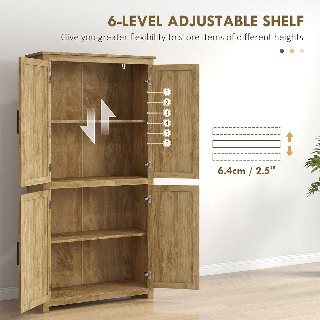 72" Tall Kitchen Pantry Storage Cabinet, Freestanding Buffet with 4 Rattan & Adjustable Shelves, Utility Cupboard Large Sideboard for Kitchen, Dining Room, Natural