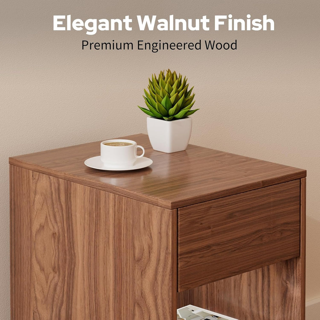 Eongdon Fluted Nightstand Set of 2, Mid Century Modern End Table with 2 Drawers and Open Storage, 11.7" W Narrow Bedside Table Organizer, Wood-Like Walnut Finish Compact Night Stand for Bedroom, Sofa
