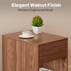 Eongdon Fluted Nightstand Set of 2, Mid Century Modern End Table with 2 Drawers and Open Storage, 11.7" W Narrow Bedside Table Organizer, Wood-Like Walnut Finish Compact Night Stand for Bedroom, Sofa
