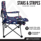 Black Sierra Kids Patriotic Camping Chair, Folding USA Flag Seat for Children, Supports 150 lbs, Portable Outdoor Chair with Carry Bag and Cupholder for Ages 3–10 for Beach, Sports, Travel, Backyard