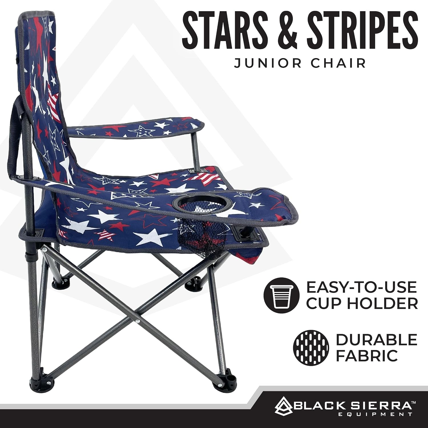 Black Sierra Kids Patriotic Camping Chair, Folding USA Flag Seat for Children, Supports 150 lbs, Portable Outdoor Chair with Carry Bag and Cupholder for Ages 3–10 for Beach, Sports, Travel, Backyard