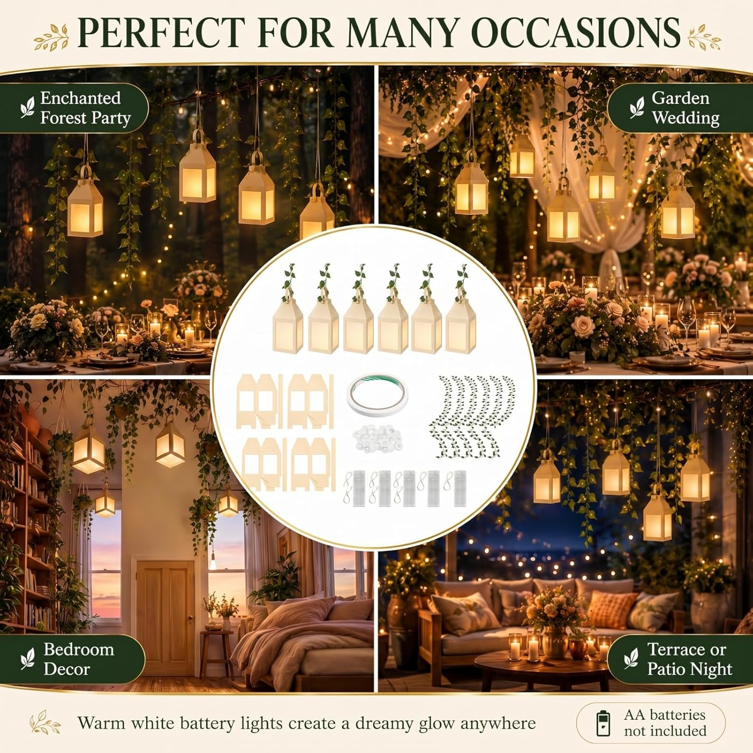Yinder 24 Pcs Enchanted Forest Theme Decoration Set 82.68 ft Artificial Begonia Leaf Vine Paper Candle Lanterns Decor with LED String Lights for Bedroom Aesthetic Jungle Fairy Wonderland Party Favor