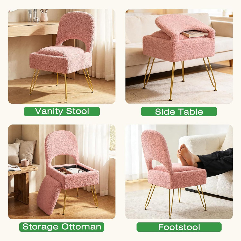 Vanity Chair with Storage & Folding Backrest, Cute Pink Faux Fur Vanity Stool, Comfy Padded Make Chair for Makeup Bedroom, Adjustable Back & Plush Cushion Seat,16.6" Wide 11L Storage Space