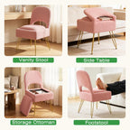 Vanity Chair with Storage & Folding Backrest, Cute Pink Faux Fur Vanity Stool, Comfy Padded Make Chair for Makeup Bedroom, Adjustable Back & Plush Cushion Seat,16.6" Wide 11L Storage Space