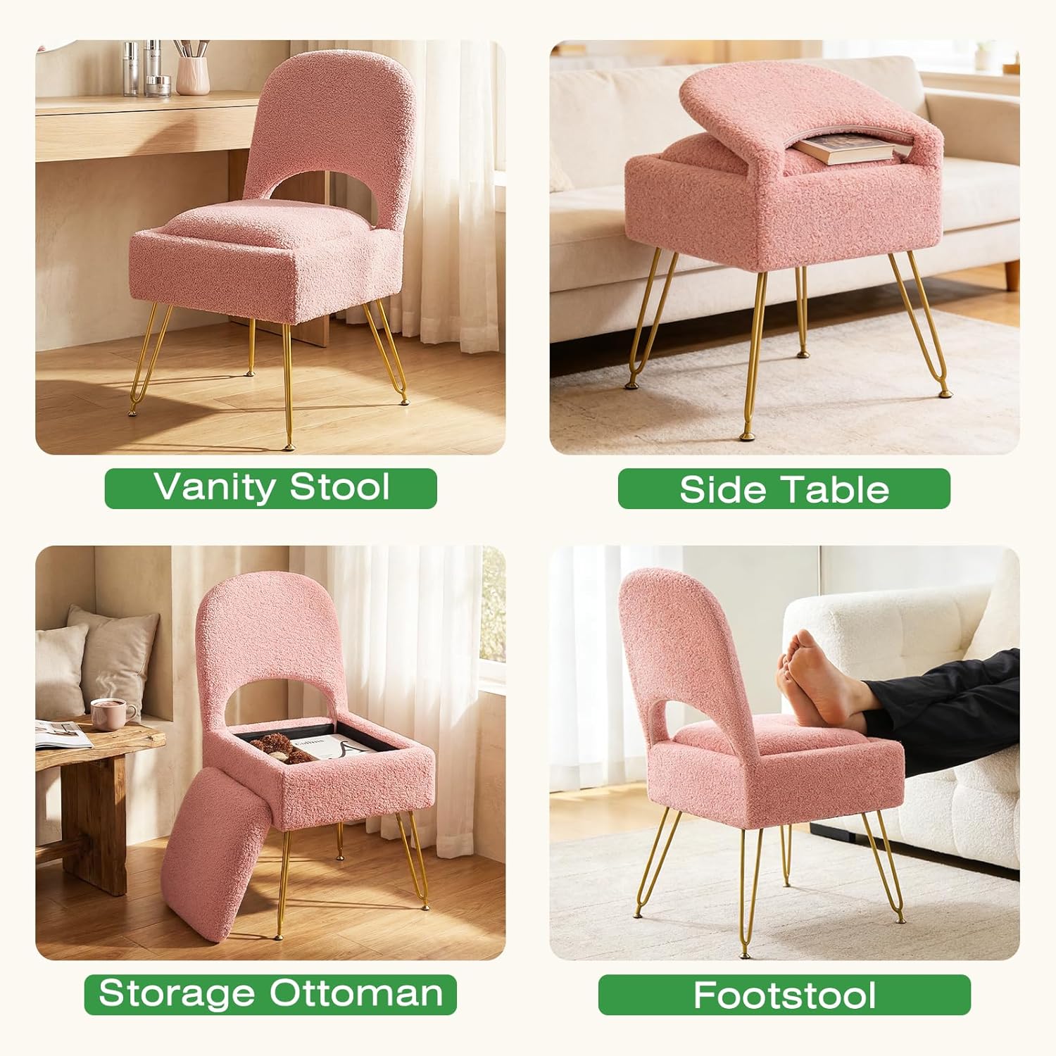 Vanity Chair with Storage & Folding Backrest, Cute Pink Faux Fur Vanity Stool, Comfy Padded Make Chair for Makeup Bedroom, Adjustable Back & Plush Cushion Seat,16.6" Wide 11L Storage Space