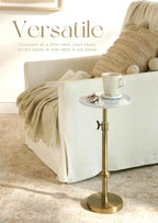 Adjustable-Height Marble Drink Table - 10x10x22-30, White Marble & Antique Brass, Modern Round End Table, Side Table with Pedestal Stand for Small Spaces, Vintage Metal Martini Cocktail Accent