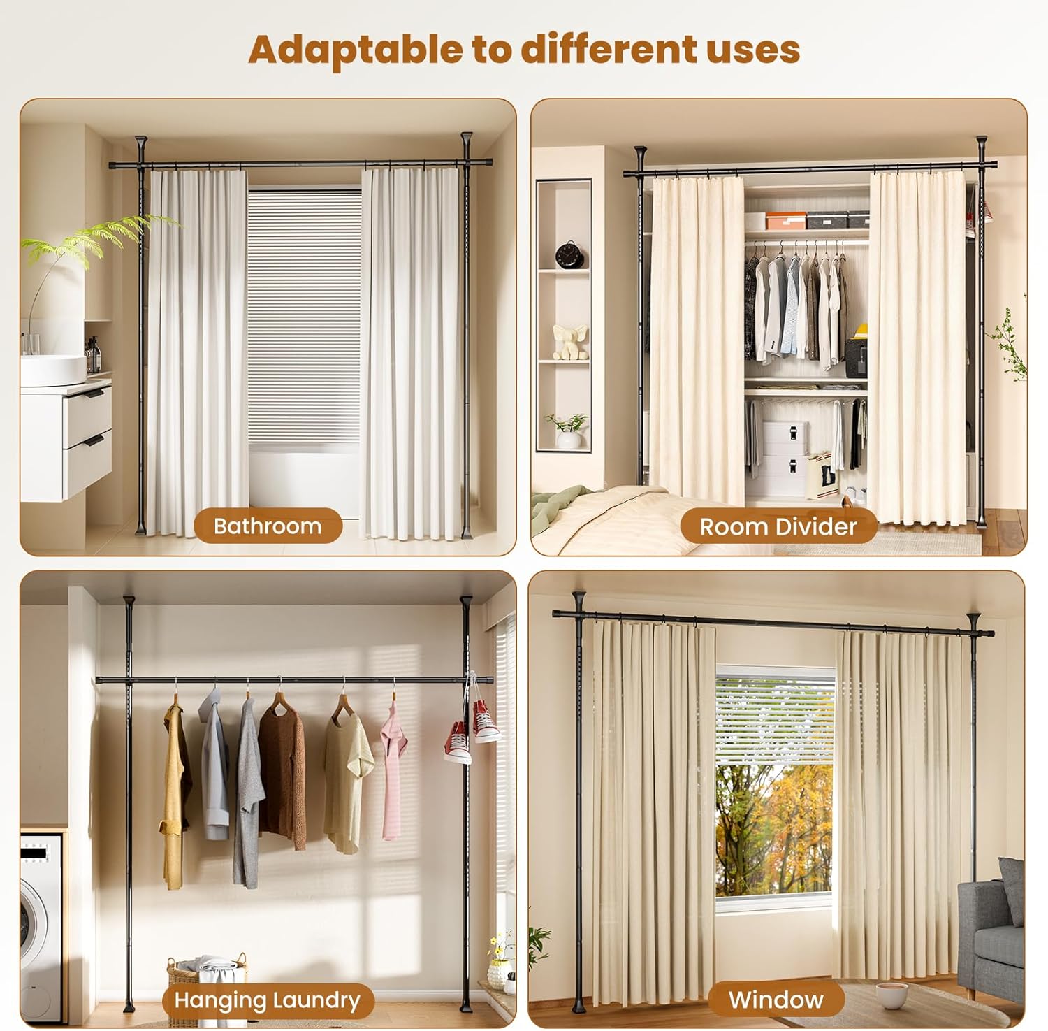 Abiglifty Room Divider Curtain Rods No Drilling, Adjustable 4-10Ft(H) Wall Divider for Room Separation, Temporary Privacy Tension Curtain Rods, Freestanding Space Room Separator, Black
