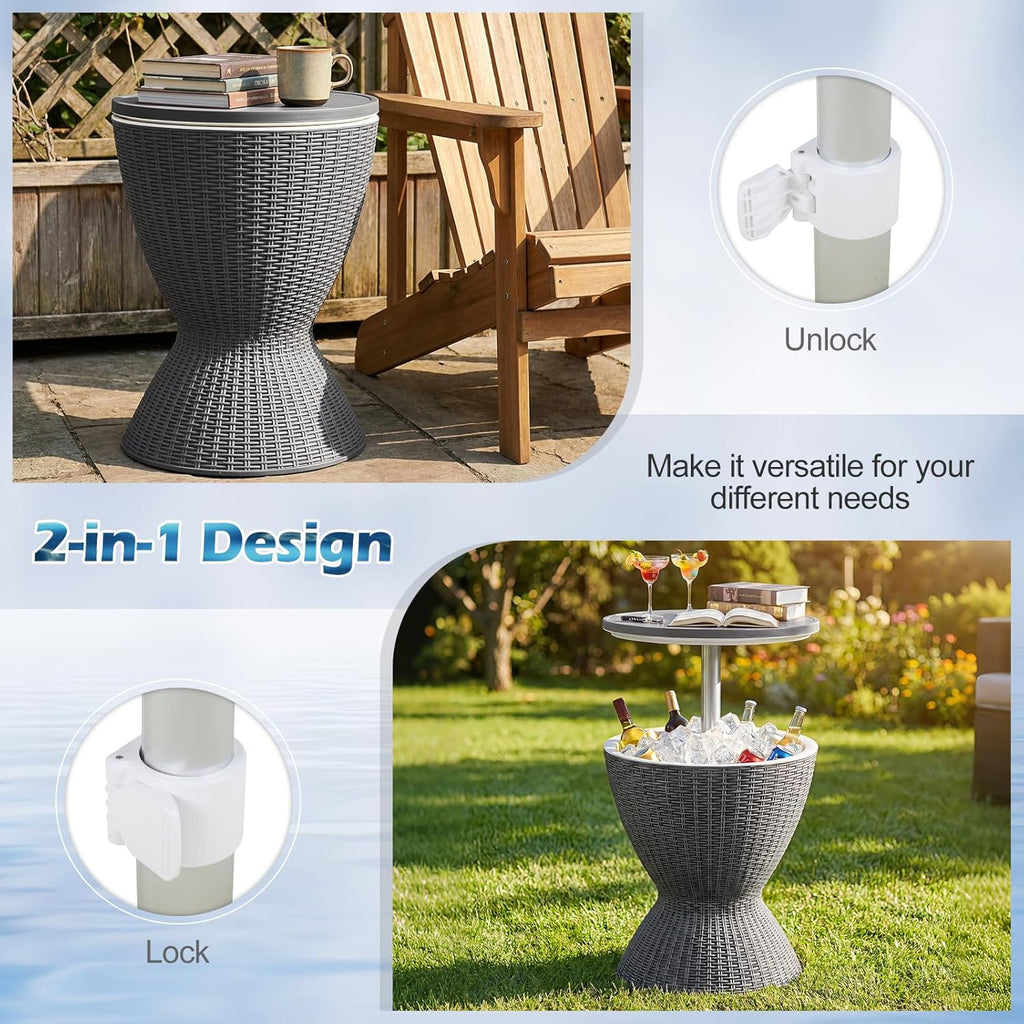 Giantex Outdoor Ice Cooler Side Table with Adjustable Height, 8 Gal Beverage Bucket with Drain Plug, Rattan Patio Bar Table for Poolside, Deck, BBQ & Backyard Parties