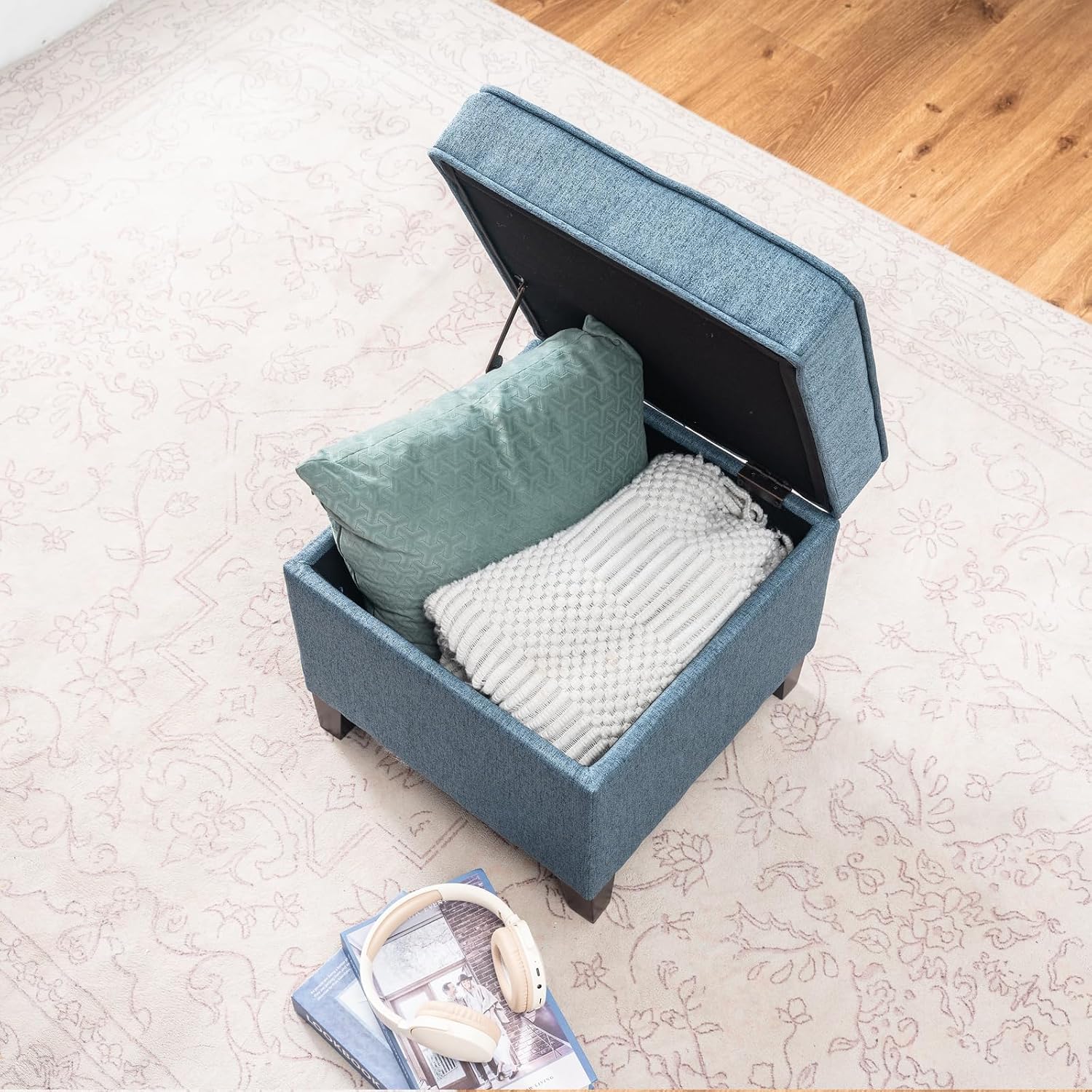 Linen Storage Ottoman with Wooden Legs, 17" Square Upholstered Flip-Top Footrest Stool, Extra Seat or Coffee Table for Living Room, Bedroom, Entryway, Blue