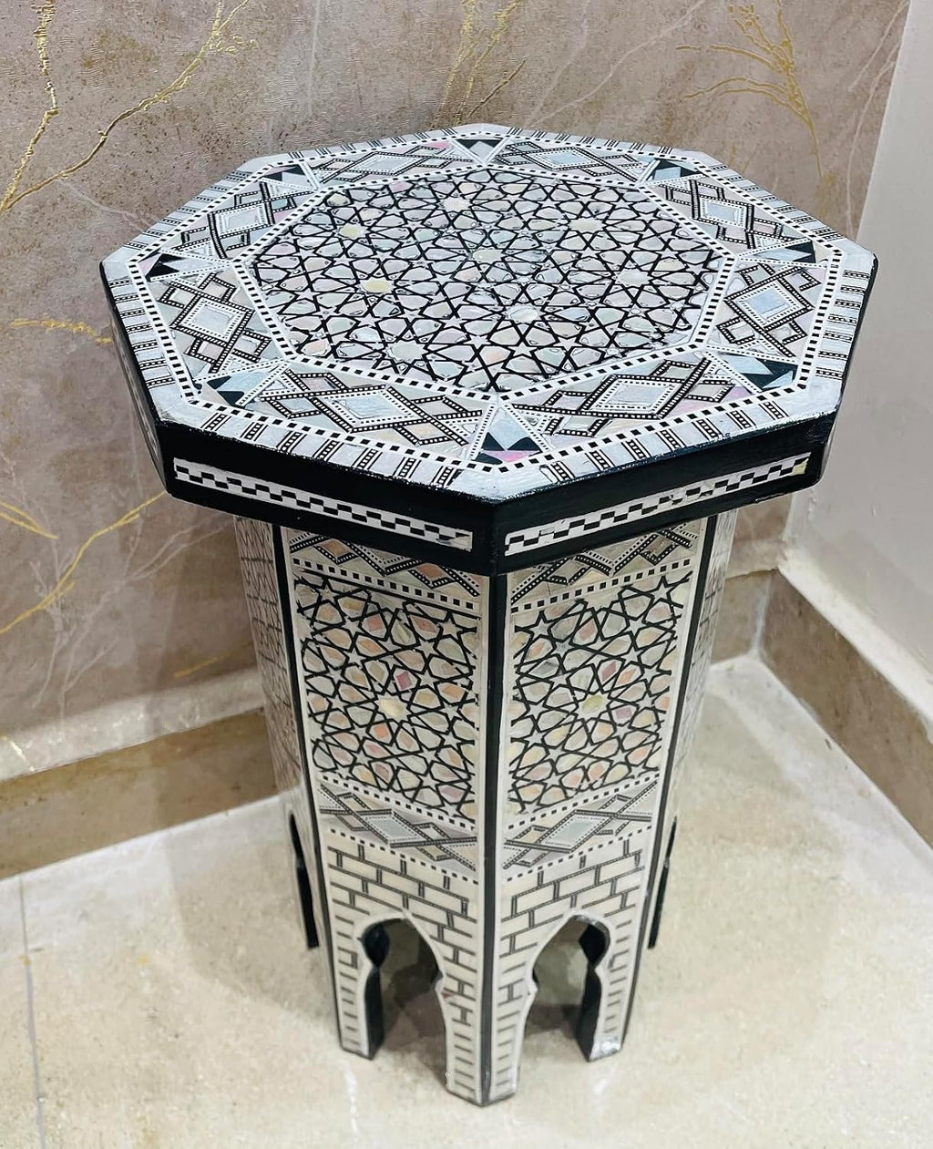 Morrocan Table Design Mother of Pearl Inlaid,Arabic Side Corner cofee Table for Living Room (Classic B)