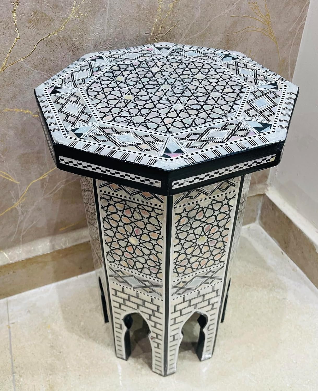 Morrocan Table Design Mother of Pearl Inlaid,Arabic Side Corner cofee Table for Living Room (Classic B)