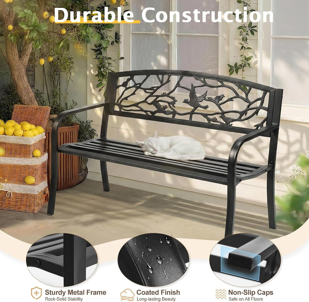 Outvita Outdoor Bench, 50" Iron Steel Frame Garden Bench with Magpie Pattern and Plastic Backrest Armrests, Patio Bench for Garden Park Yard Front Porch Patio, Black