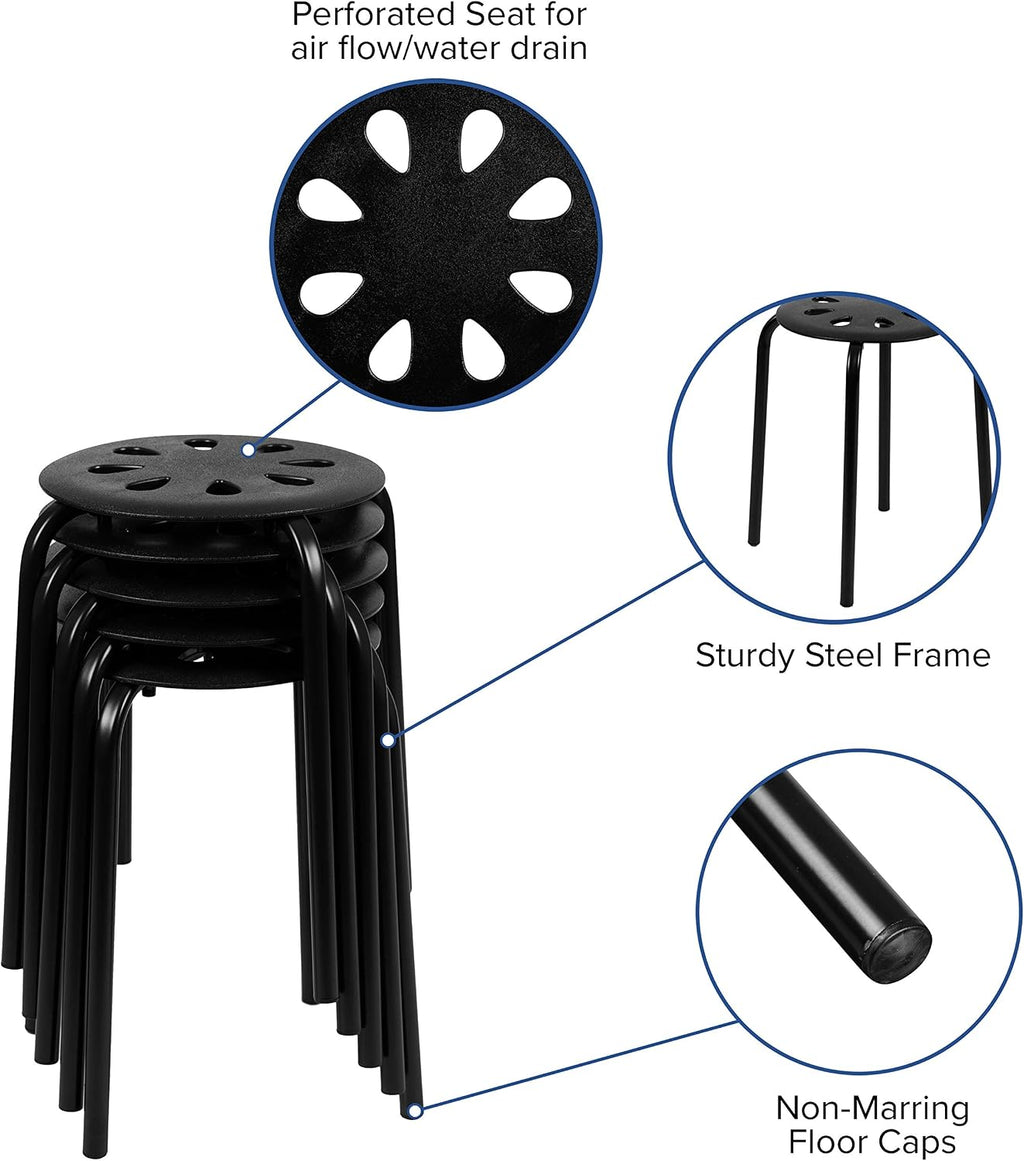 EMMA + OLIVER Plastic Nesting Stack Stools - School/Office/Home, 17.5" Height, Black (5 Pack)