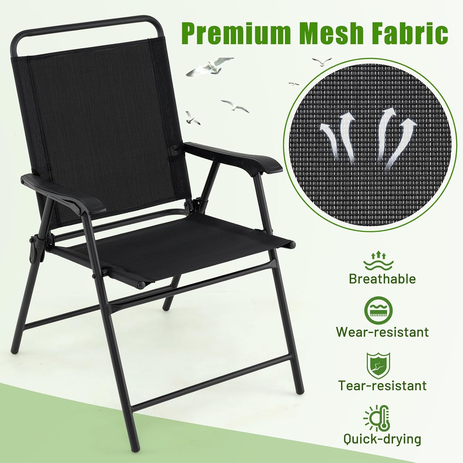 S AFSTAR Patio Chairs Set of 4, Outdoor Folding Lawn Chairs Sling Back Dining Chairs with Armrests & Breathable Seat, Metal Frame Folding Chairs for Garden, Deck, Yard & Porch