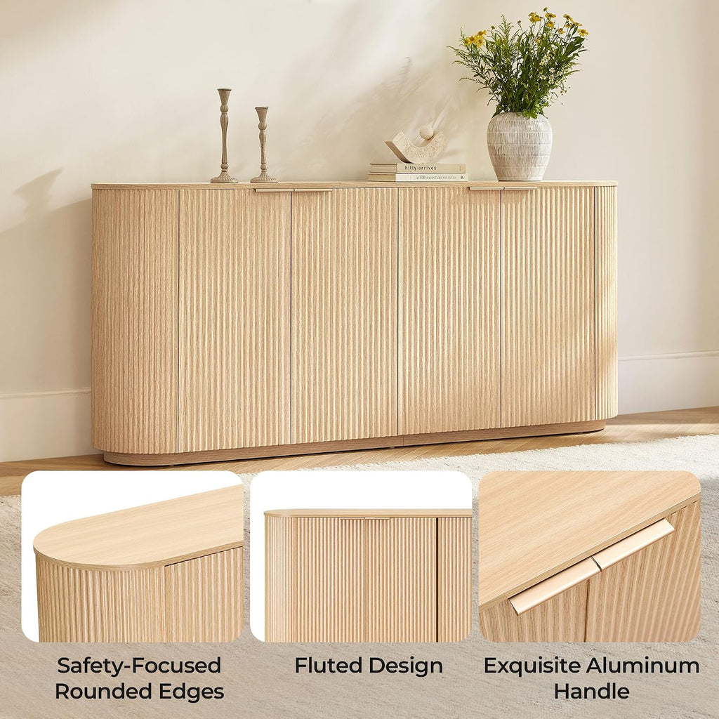 CHITA 70" Sideboard Buffet Cabinet with Storage, Fluted Cabinet with Doors and Adjustable Shelves, Media Console for Living Room, 32" H,Oak