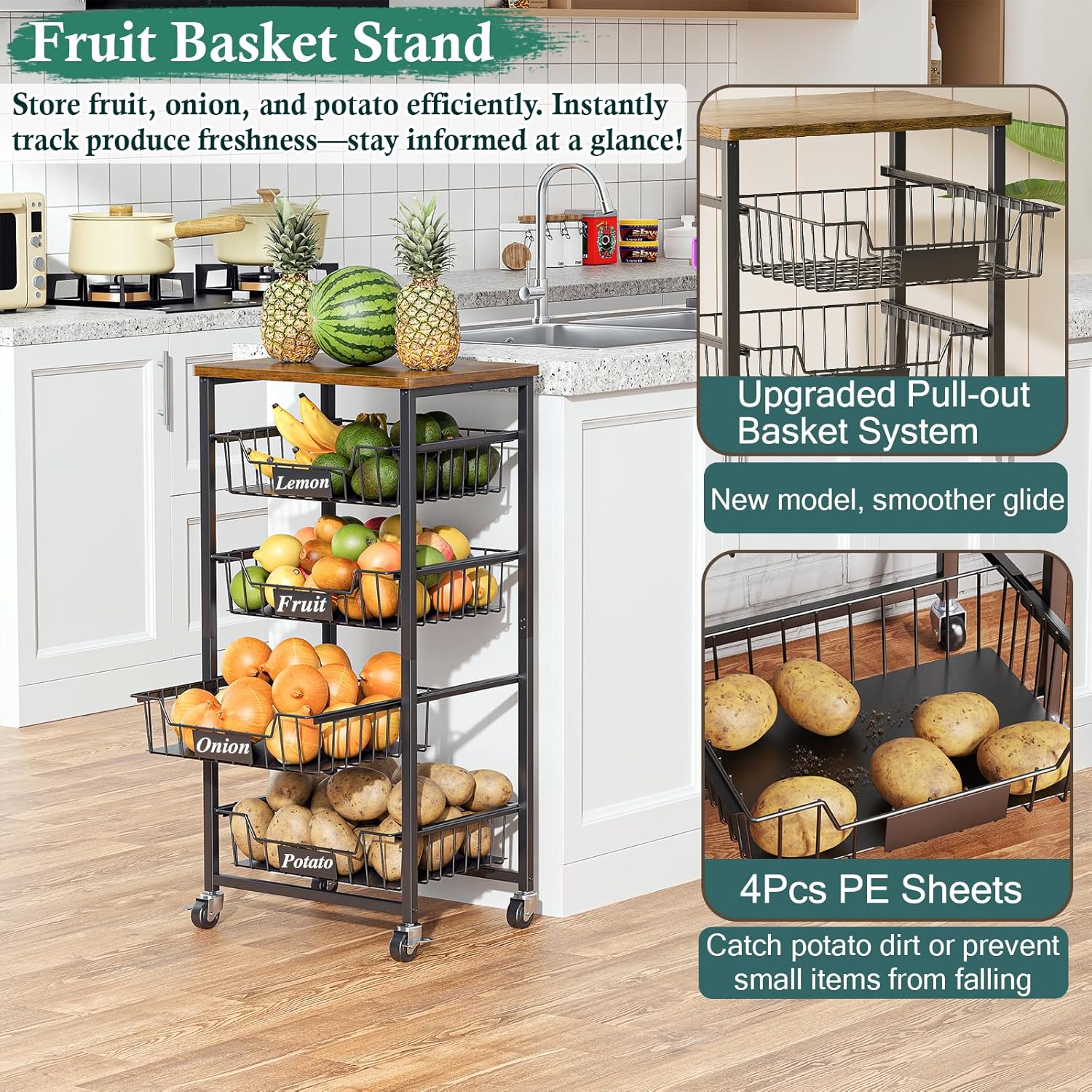OKZEST Fruit Basket, 5-Tier Utility Kitchen Organizer and Storage Cart with Pull-Out Baskets and Wood Top, Rolling Pantry Kitchen Cart on Wheels for Fruit Potato Onion Vegetable Snack Produce