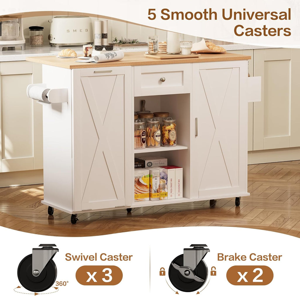 52" Rolling Kitchen Island with Drop Leaf & Trash Can Storage, Kitchen Island Cart with Spice Rack & Towel Rack, Mobile Island Table for Kitchen