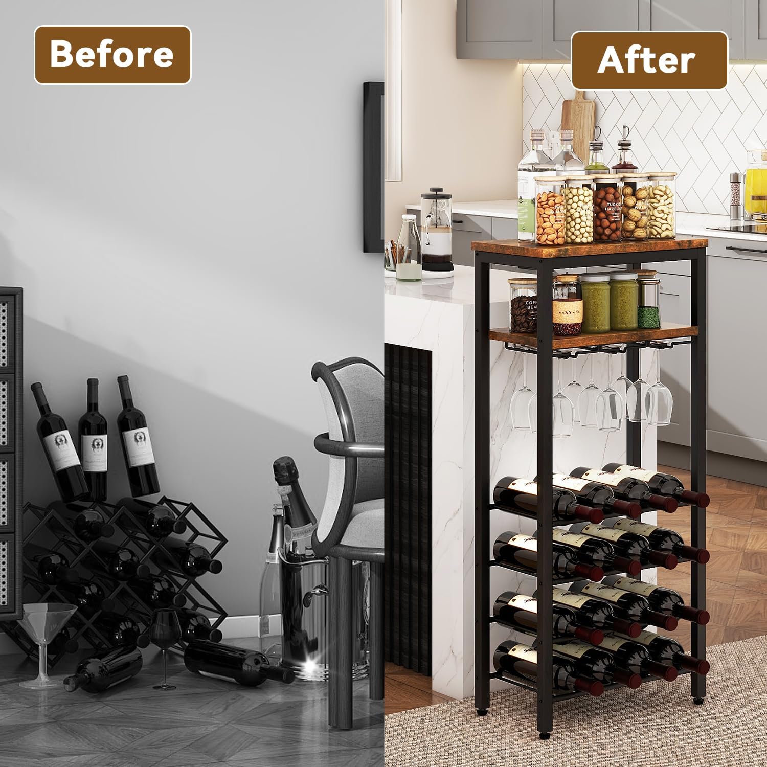 IBUYKE Wine Racks Freestanding Floor,Liquor Bottle Holder,16 Bottles Wine Cabinet with Glass Holder,Wine Holder Display,Mini Wine Bar Table for Living Room,Kitchen Pantry,Dining Room,Brown UTMJ907H