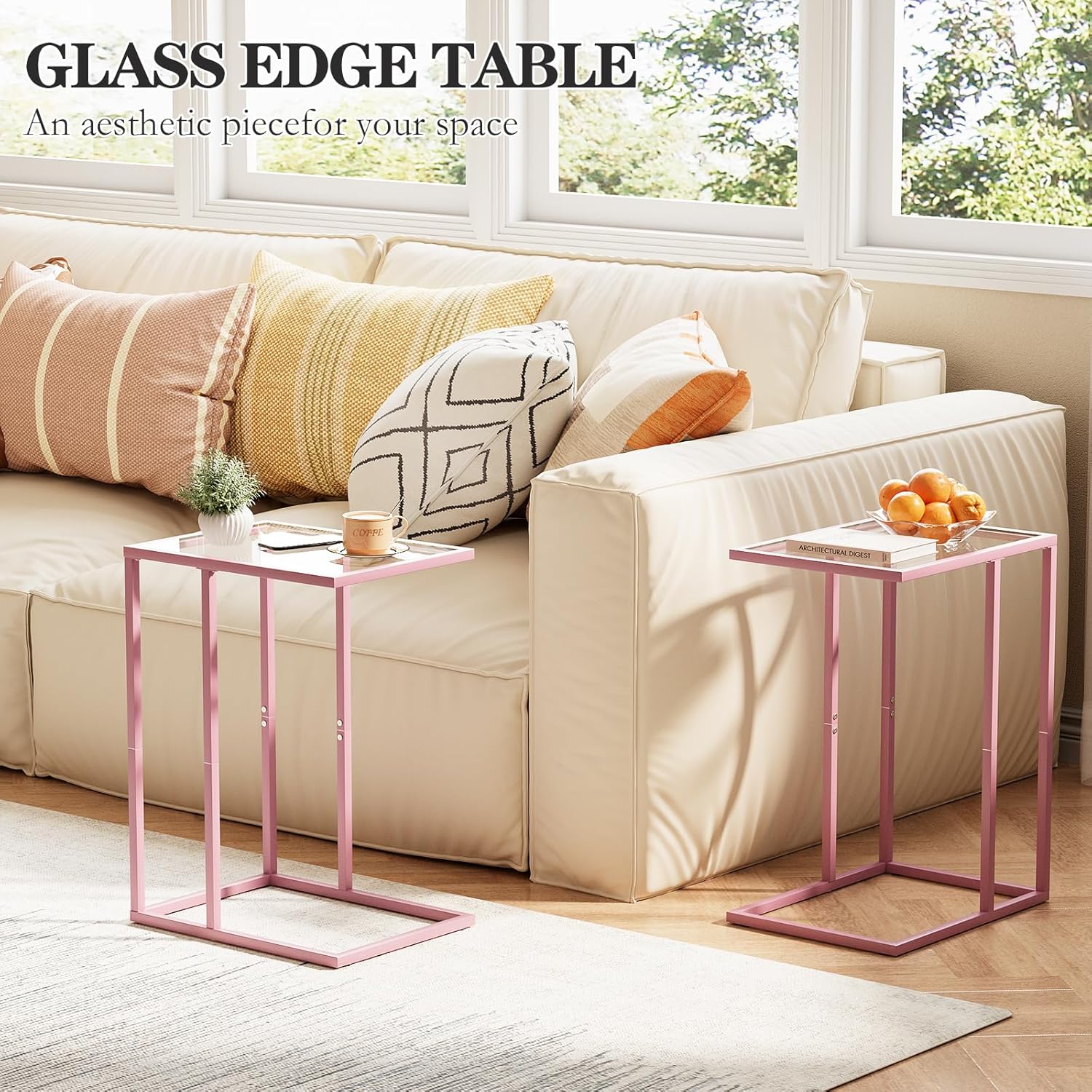 C Shaped End Table Set of 2, Small Side Couch Sofa Tables for Living Room,Glass Tv Tray Snack Dinner Table with Metal Frame, Easy Assembly (Pink)