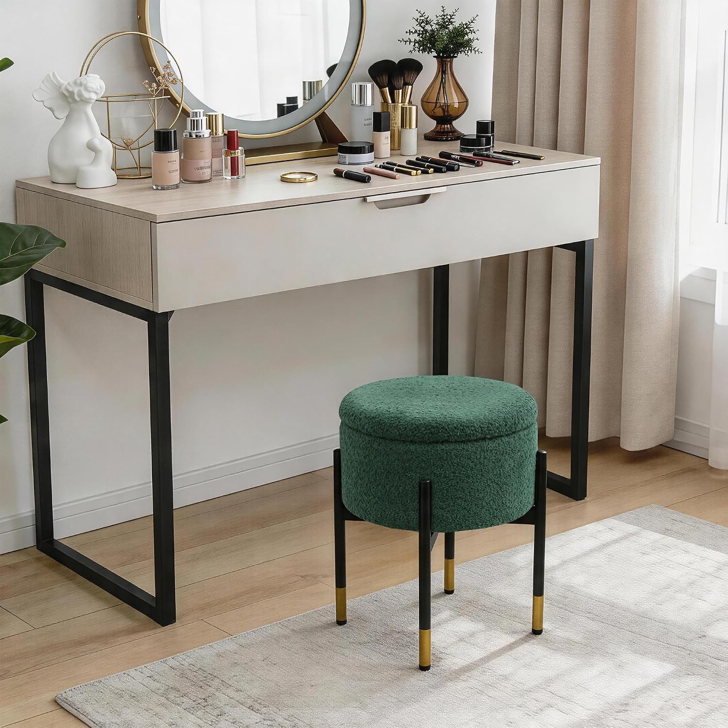 Round Ottoman with Storage,Soft Velvet Vanity Stool,Ottoman Coffee Table with Metal Legs,Foot Stool for Living Room Bedroom, Green