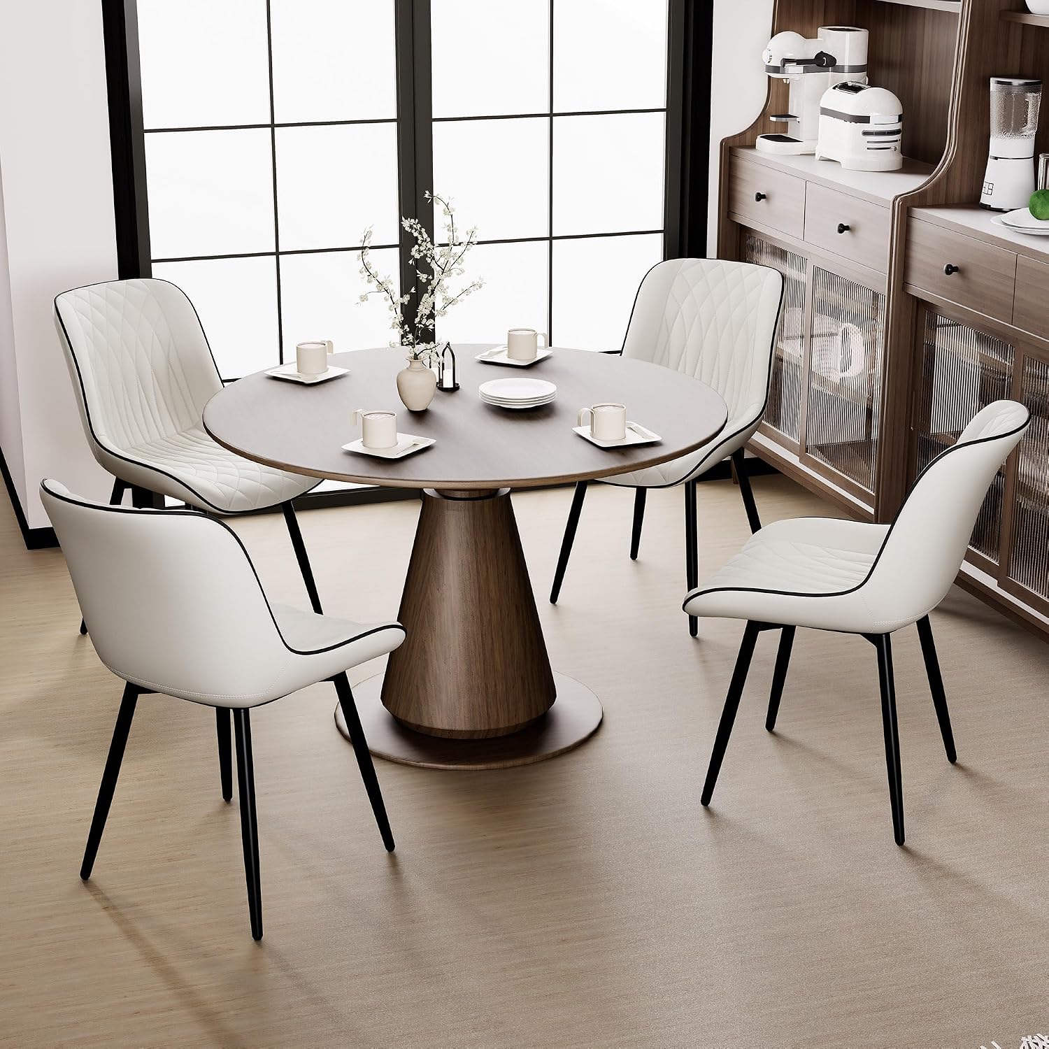 Rowill Dining Chairs Set of 2 Modern Faux Leather Kitchen Chairs with Thickened Metal Frame, Scratch-Resistant Upholstery,Widened Seat & Adjustable Anti-Slip Pads, Cushioned Backrest for Kitchen,White