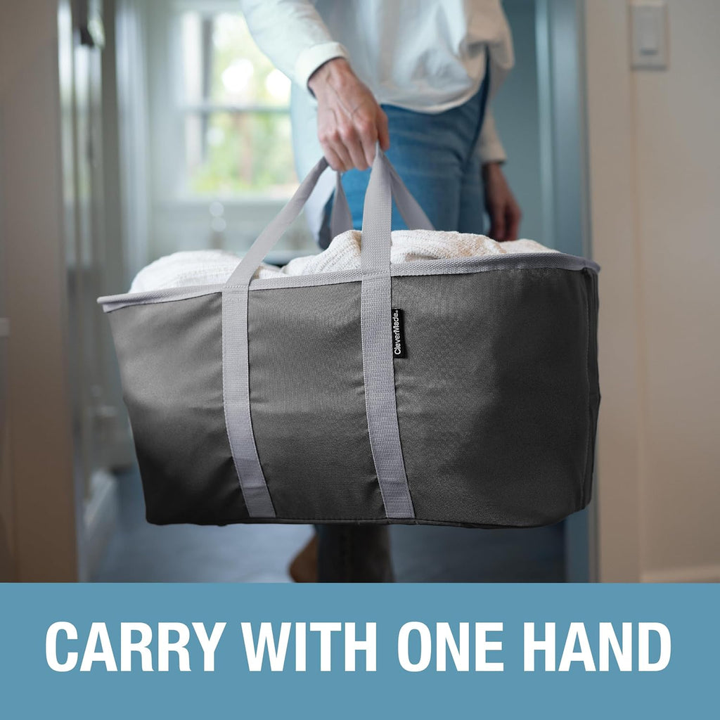 CleverMade Collapsible Laundry Tote 2-Pack (50L) – Foldable Carry-All Storage Bin for Laundry, Car Trunk, RV, Dorm & Home Organization - Charcoal