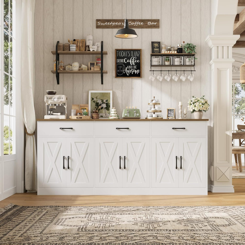 HOSTACK 71" Large Sideboard Buffet Cabinet with Storage, Farmhouse Coffee Bar Cabinet with 3 Drawers, Long Kitchen Buffet Table, Kitchen Sideboard Storage Cabinet for Dining Room, Living Room, White