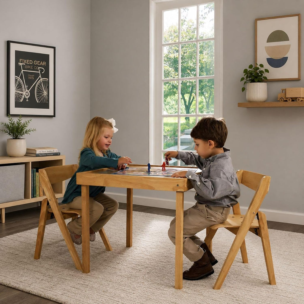 Stakmore Juvenile Children's Folding 3 Piece Natural Wooden Table and Chair Furniture Set with No Pinch Points for Kids Ages 3 and Up (3-Piece Set)