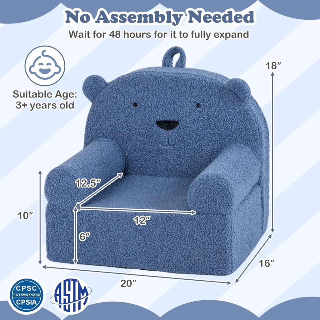 Costzon Kids Sofa, Comfy Bear Toddler Foam Couch with Soft Fleece Fabric Cover, Kids Furniture for Playroom, Children Reading Armchair for Boys & Girls Aged 3+ (["Teddy Fleece],Blue)