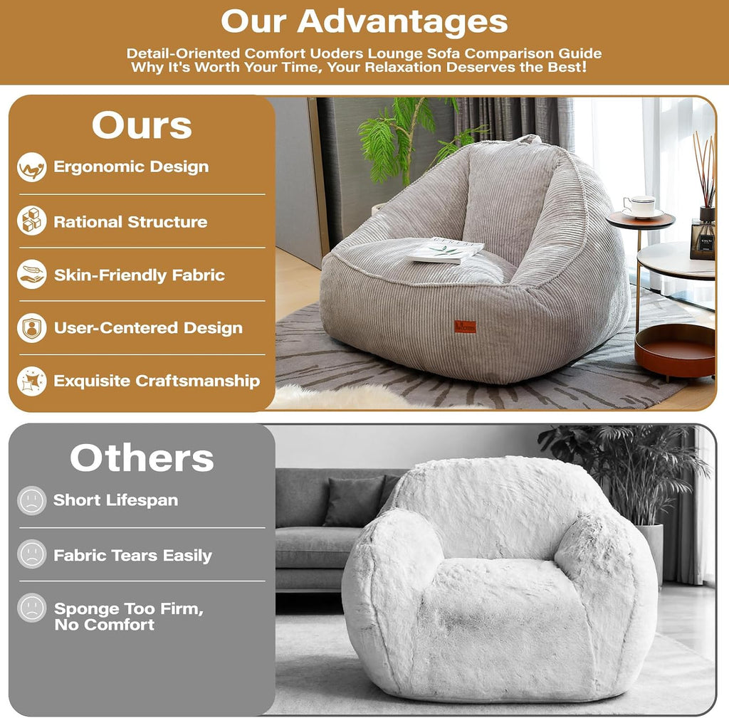Giant Bean Bag Chair for Adults Teens and Kids, Cozy Fluffy Corduroy Beanbag Chair with Filler Large Floor Lounge Sofa for Living Room, Bedroom (L-Light Grey)