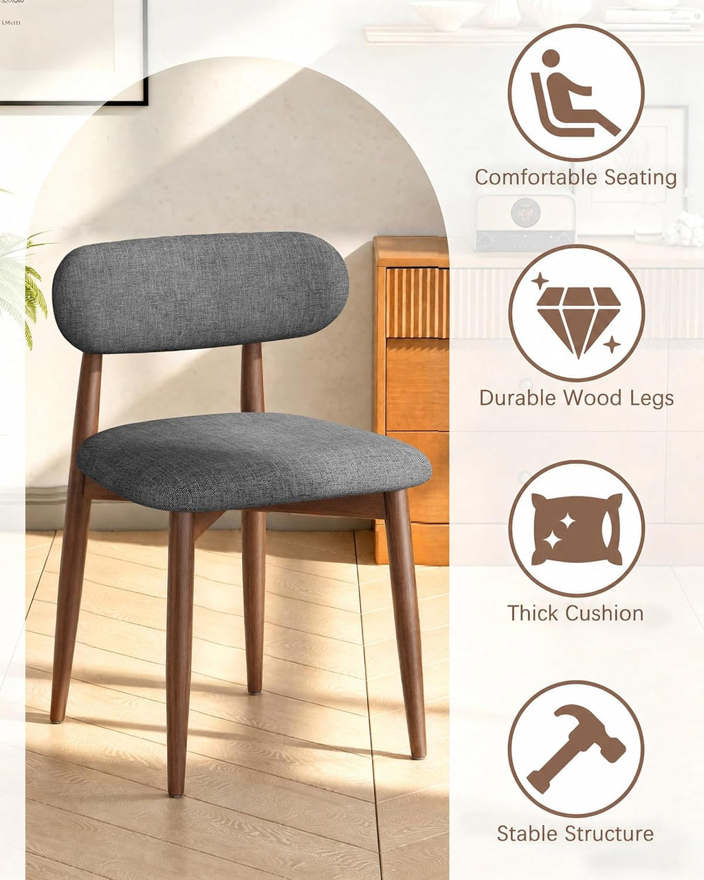 Solid Wood Dining Chairs Set of 2, Mid‑Century Modern Square Seat Cushion Chairs with Extra‑Thick 1.6" Legs and Curved Back, Heavy‑Duty Kitchen & Dining Room Chairs, Dark Grey