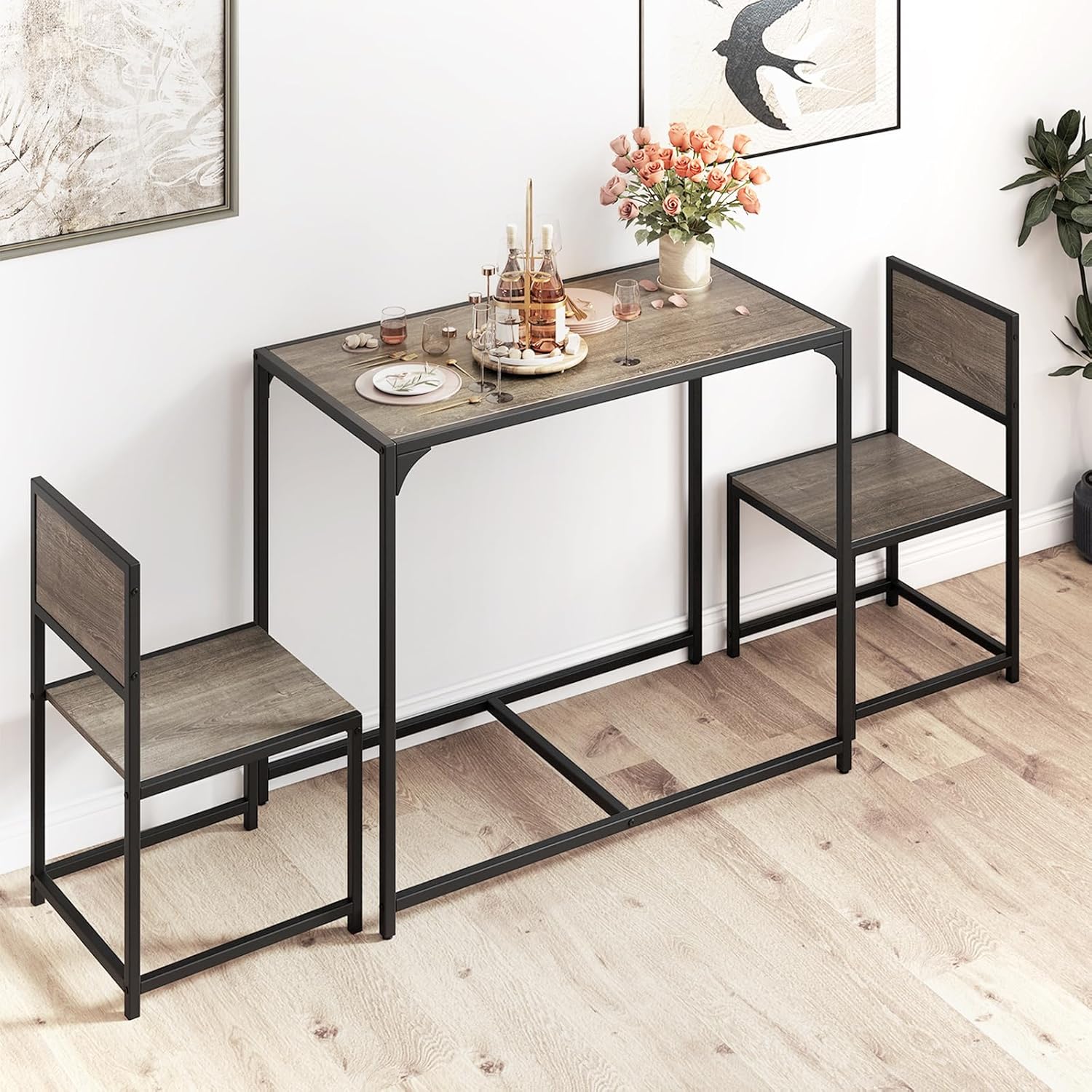Giantex 3-Piece Dining Table Set for 2, Small Industrial Kitchen Table with 2 Chairs, Metal Frame, Space Saving Dinette Set for Breakfast Nook Dinner Small Space Apartment Living Room, Grey Oak