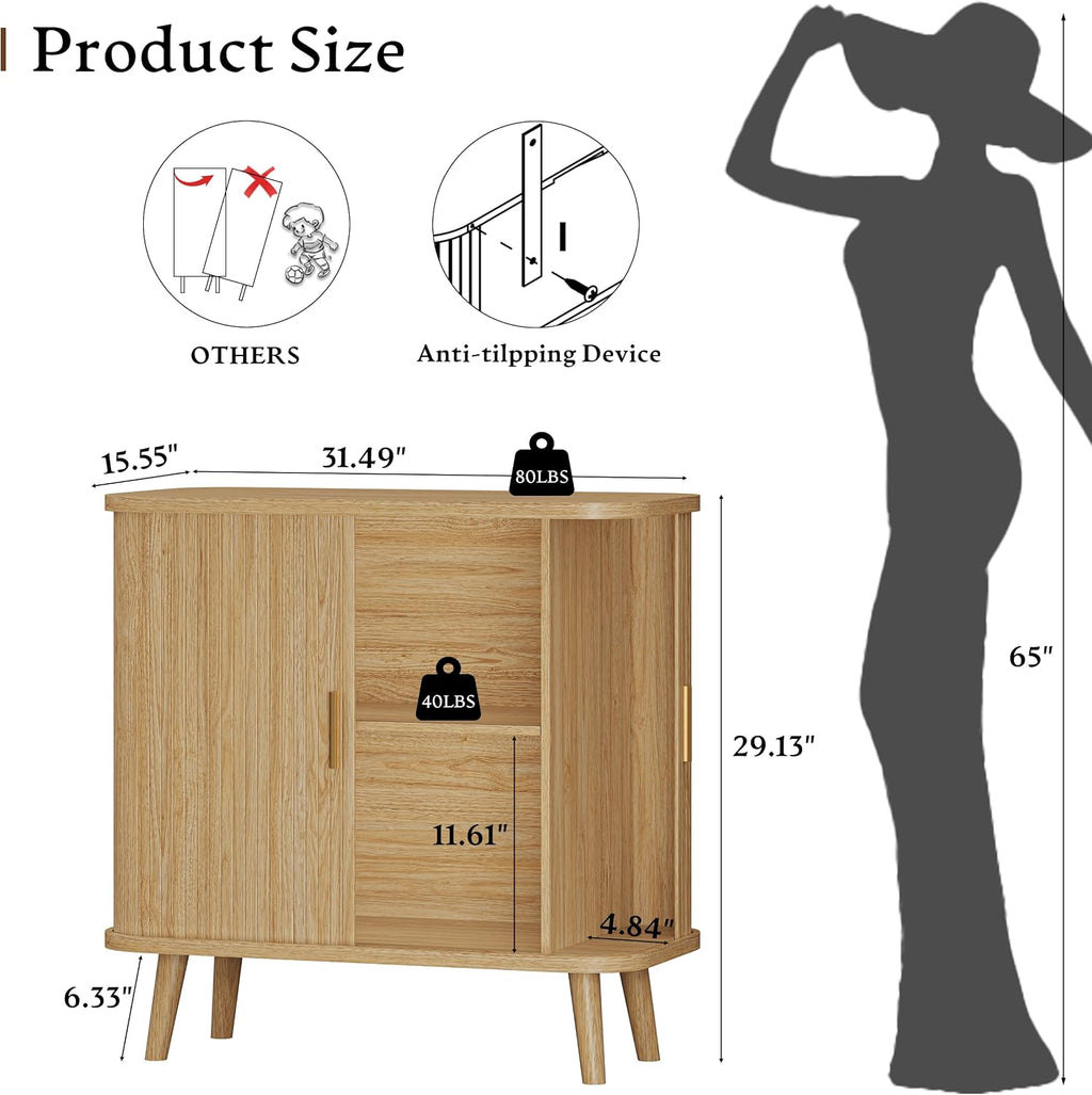 Xixini Sideboard Buffet Cabinet with Sliding Door, 31.5" Wide Fluted Modern Accent Cabinet with Adjustable Shelves, Wood Coffee Bar Buffet Console Table for Kitchen, Dining Room, Living Room, Oak