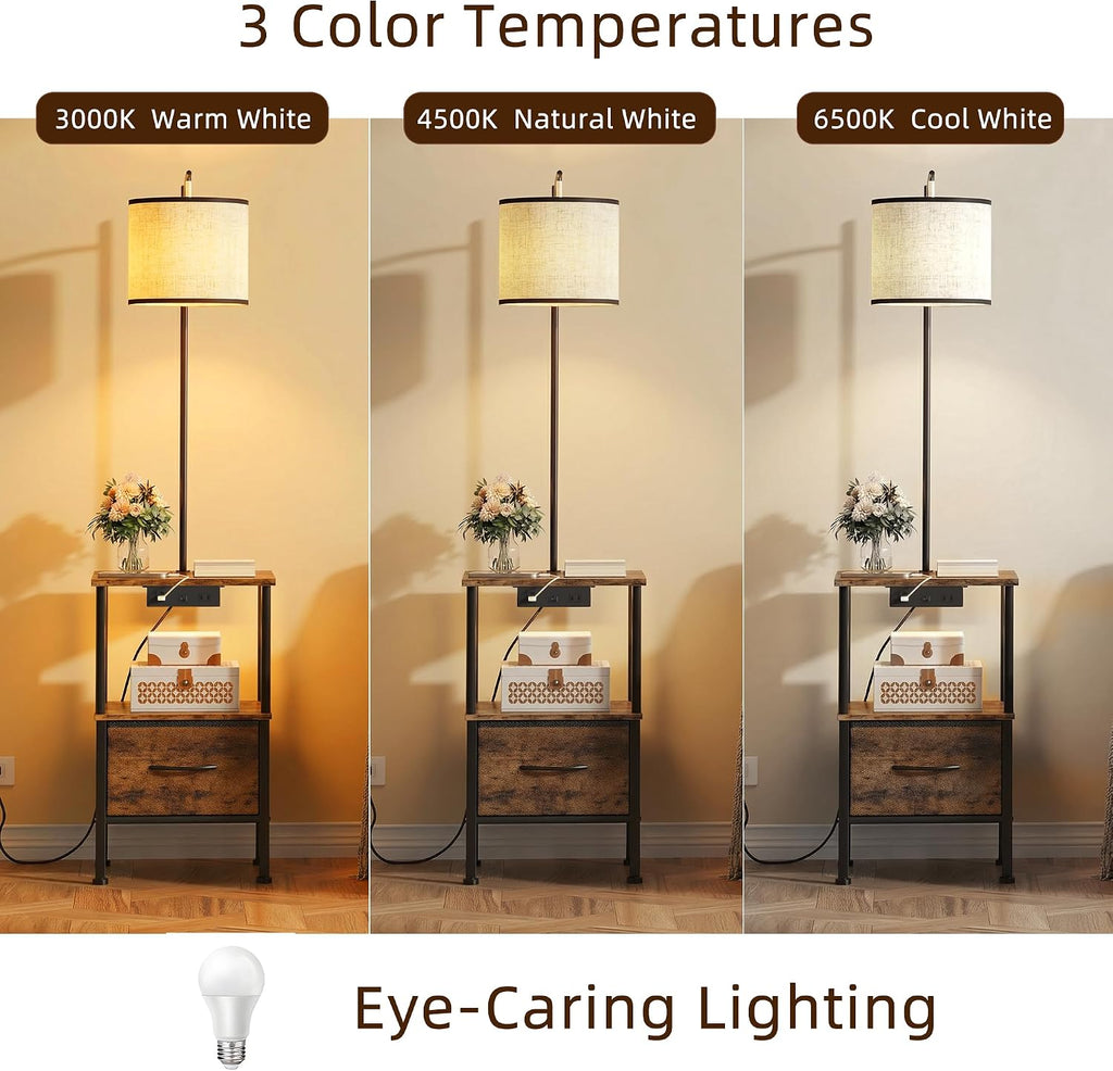 HIGDBFE End Table with Light Set of 2, Side Table with Charging Station & USB Ports, Nightstand with Fabric Drawer, Coffee Table with 3 Color Temperatures Light for Living Room, Rustic Brown, 14.9" W