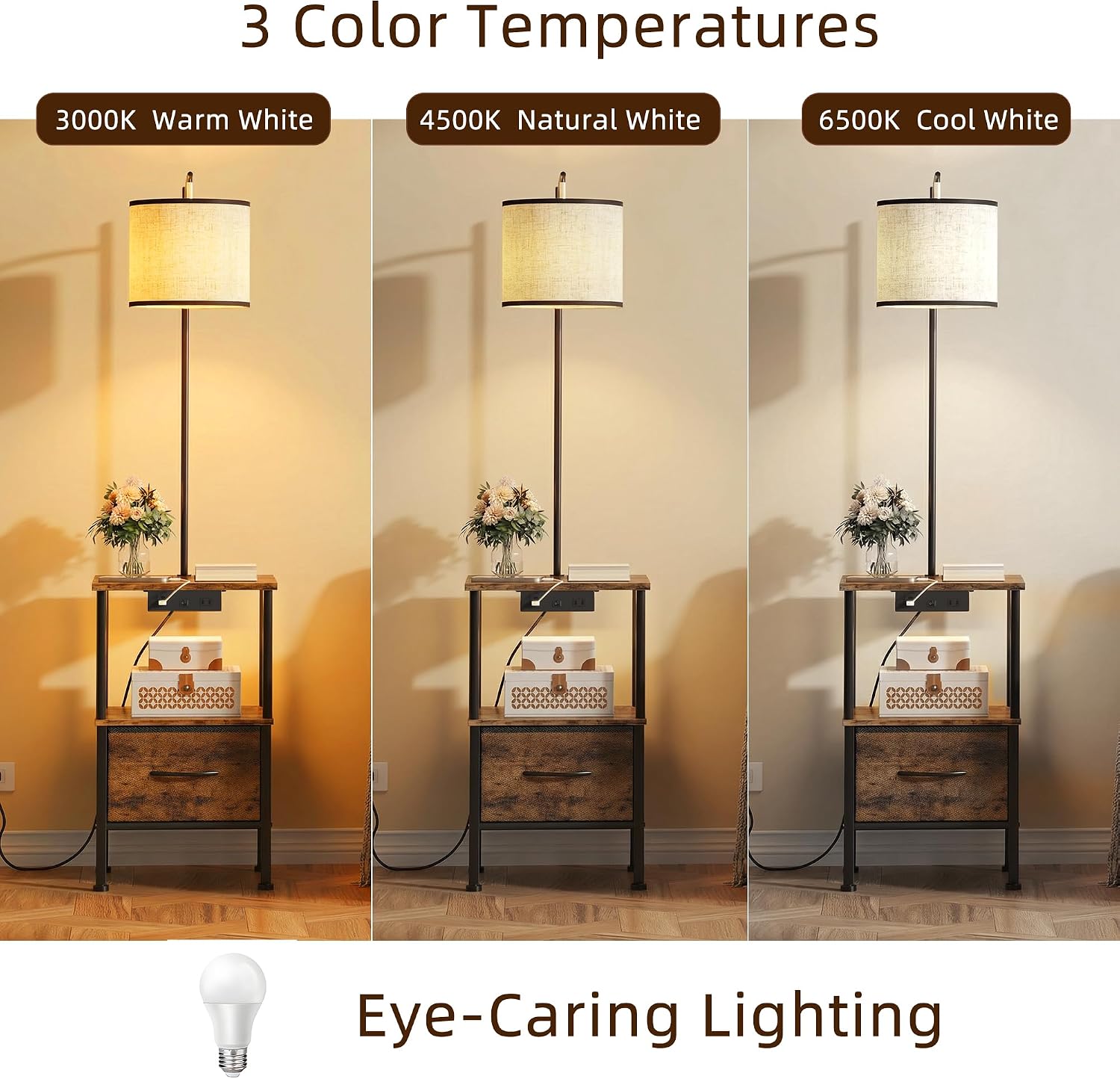 HIGDBFE End Table with Light Set of 2, Side Table with Charging Station & USB Ports, Nightstand with Fabric Drawer, Coffee Table with 3 Color Temperatures Light for Living Room, Rustic Brown, 14.9" W