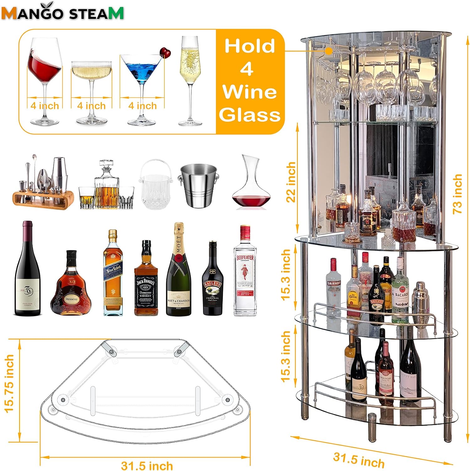 Mango Steam Contemporary Modern Home Entertainment Liquor Bar Catalina Table (Tower Bar, Clear)