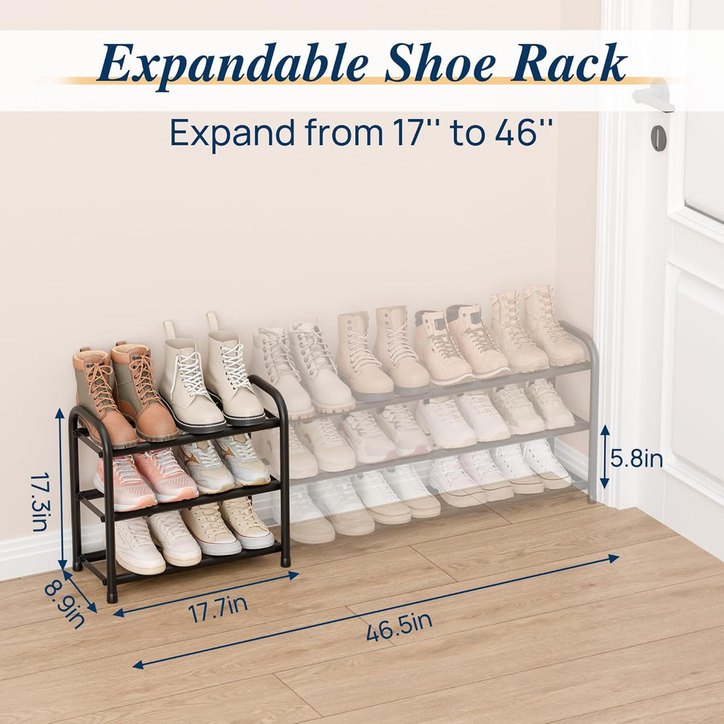 ENJOYBASICS 3 Tier Expandable Shoe Rack for Closet, Free Standing Metal Shoe Shelf Storage Organizer Holder 18 Pairs, Adjustable Width Shoe Rack for Entryway Small Space, Black