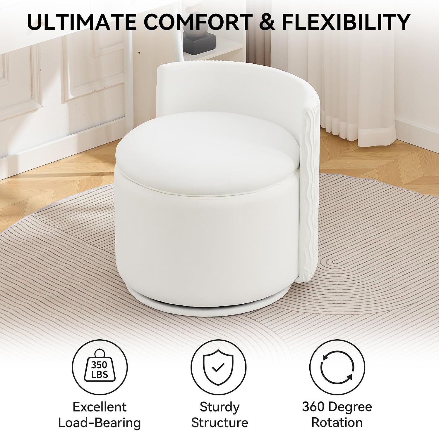 WUTUTUEE Large Velvet Vanity Chair with Storage, 360° Swivel Makeup Chair with Wave Back, No Assembly Small Accent Stool for Bedroom, Dressing, Living Room, White