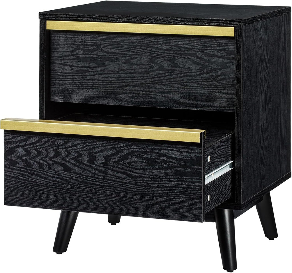 SANGO Cortland 2-Drawer Nightstand, Modern Black Wood Bedside Table with Brass Handle, Wooden Legs, Sleek Mid-Century Design, Elegant Storage for Contemporary Homes
