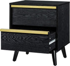 SANGO Cortland 2-Drawer Nightstand, Modern Black Wood Bedside Table with Brass Handle, Wooden Legs, Sleek Mid-Century Design, Elegant Storage for Contemporary Homes