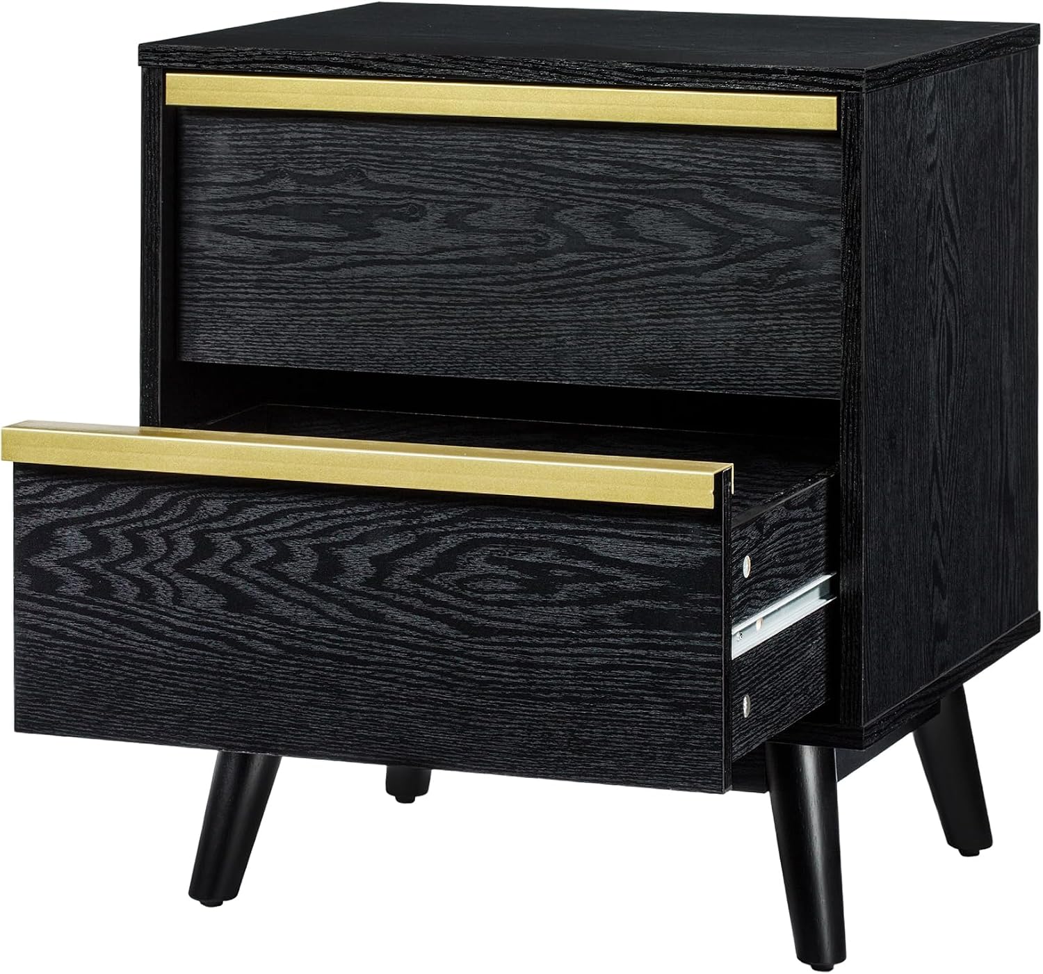 SANGO Cortland 2-Drawer Nightstand, Modern Black Wood Bedside Table with Brass Handle, Wooden Legs, Sleek Mid-Century Design, Elegant Storage for Contemporary Homes