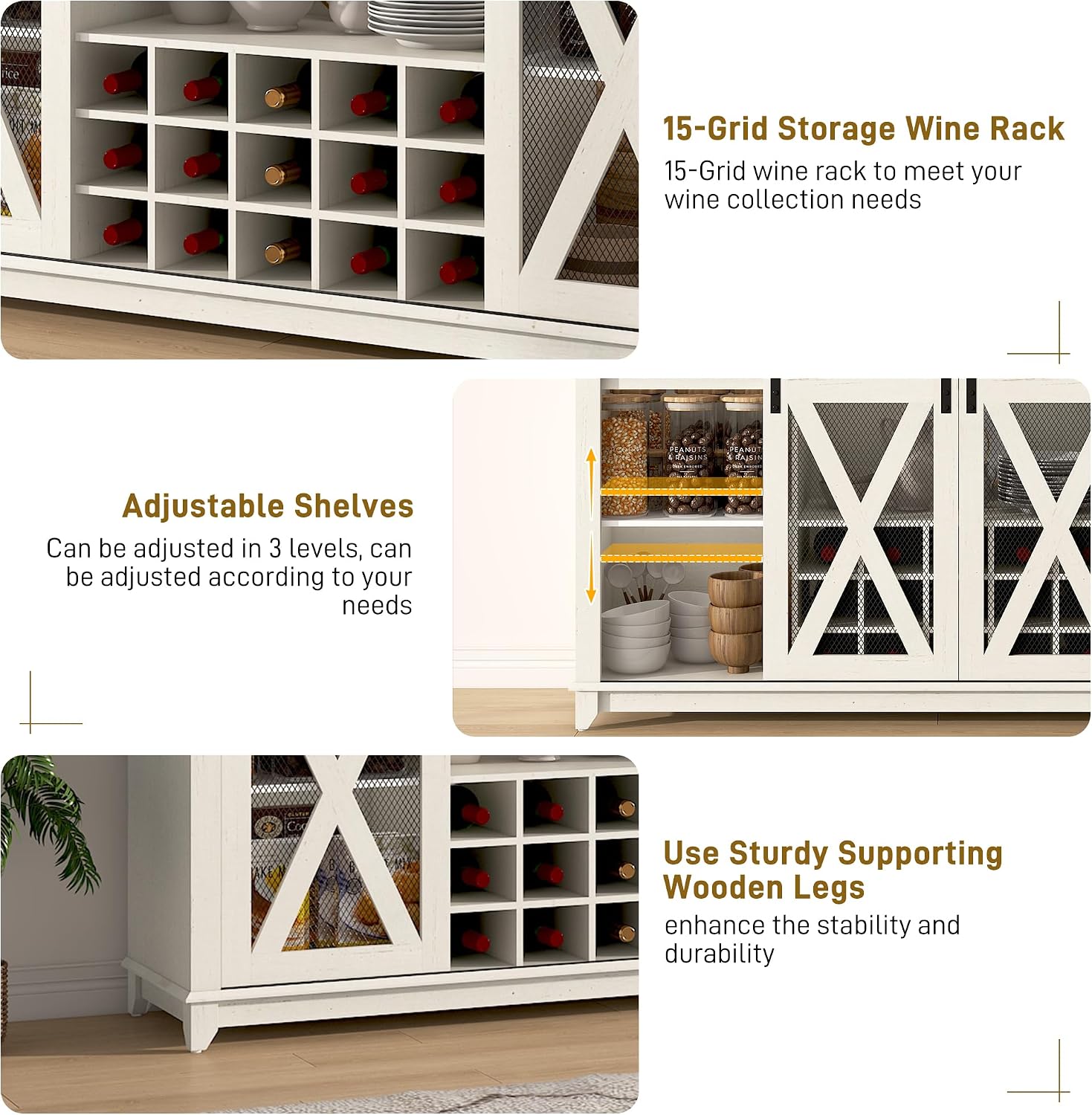 63"Wide 58"H Farmhouse Coffee Bar Cabinet with Power Outlet and LED Light,Wine Bar Cabinet w/ 4 Storage Hutch,Kitchen Buffet Cabinet with 15 Wine and Glass Racks for Kitchen Dining Room(Antique White)