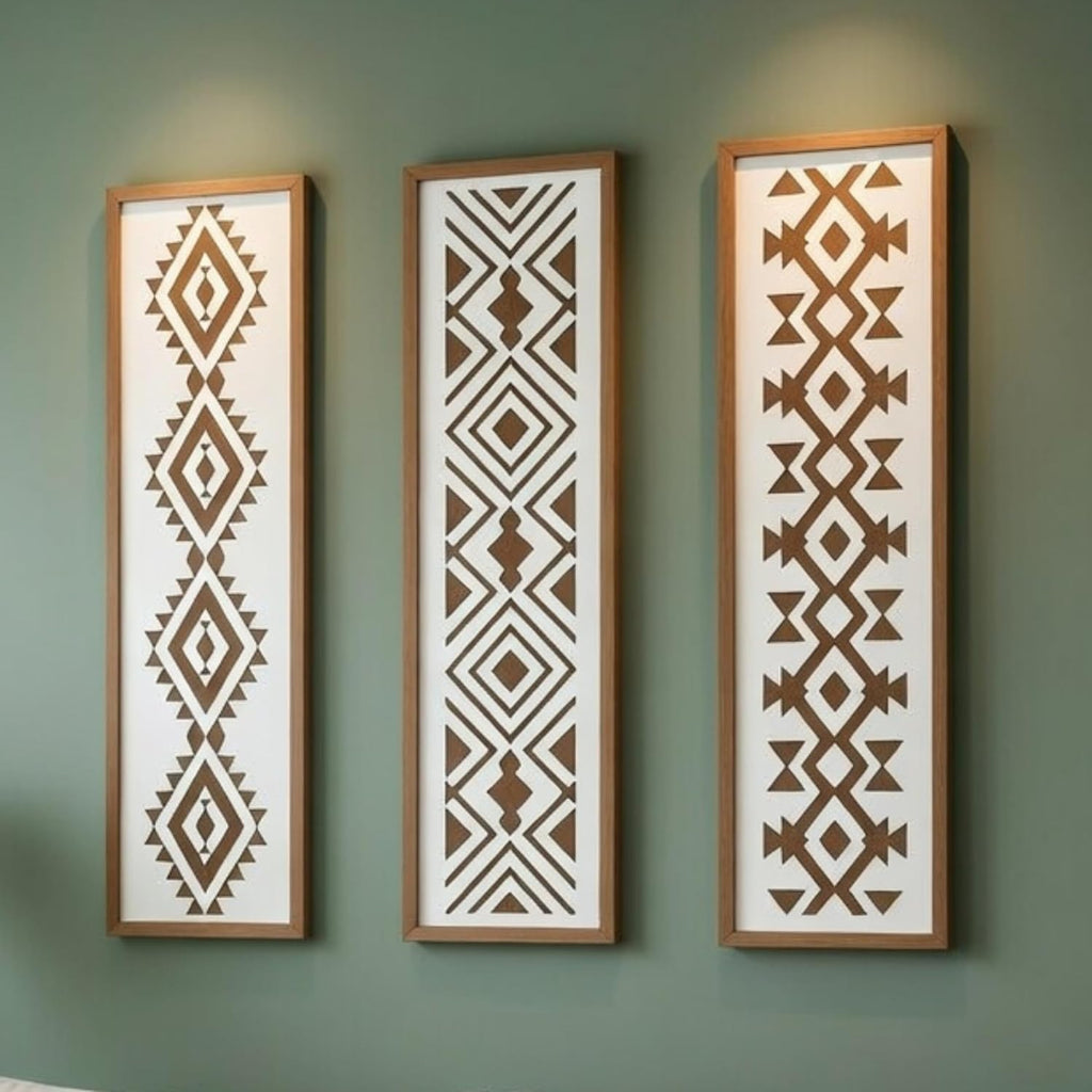 X DELUXE Minimalist Aztec Wood Wall Decor Set of 3 Geometric Scandinavian Boho Hanging Panels for Living Room Bedroom Hallway Office Modern Tribal MDF Wall Art Vertical Decorative Interior Accent